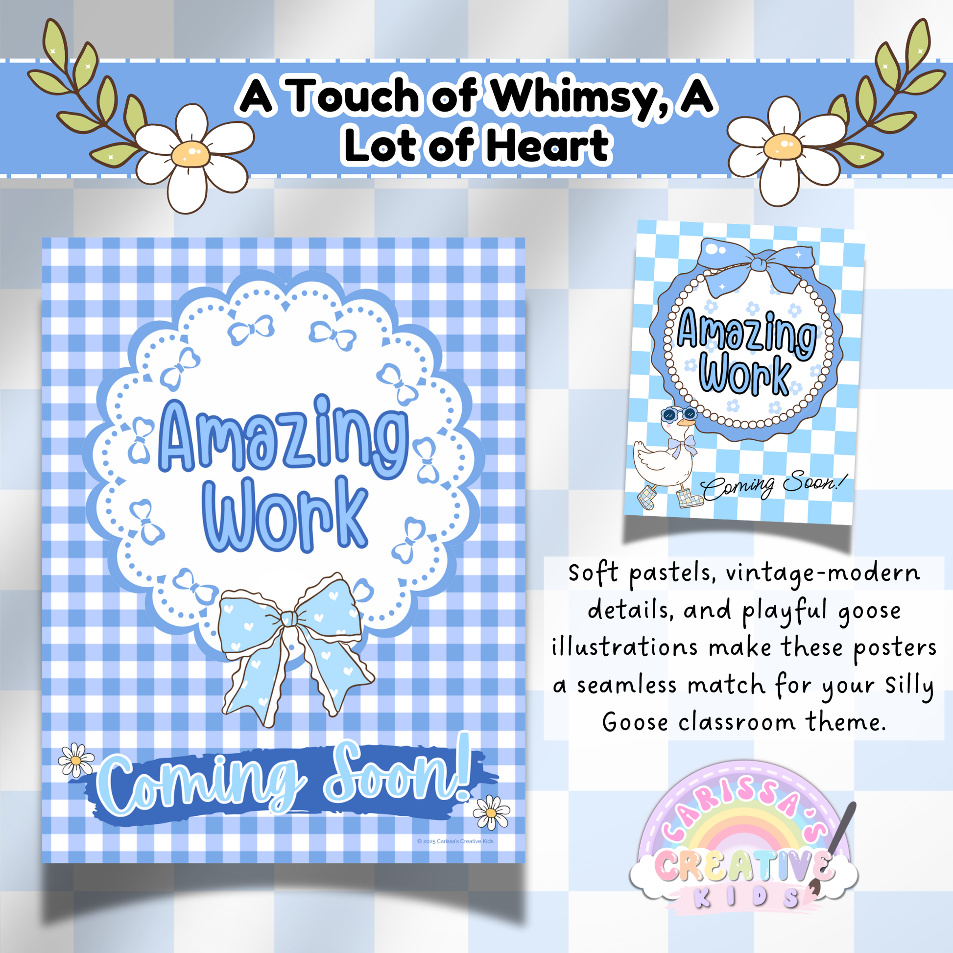 Whimsical Printable Coming Soon Posters in Pastel Blue Gingham – Silly Goose Vintage-Inspired Decor for Preschool and Elementary Bulletin Boards