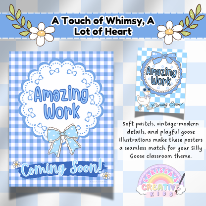 Whimsical Printable Coming Soon Posters in Pastel Blue Gingham – Silly Goose Vintage-Inspired Decor for Preschool and Elementary Bulletin Boards