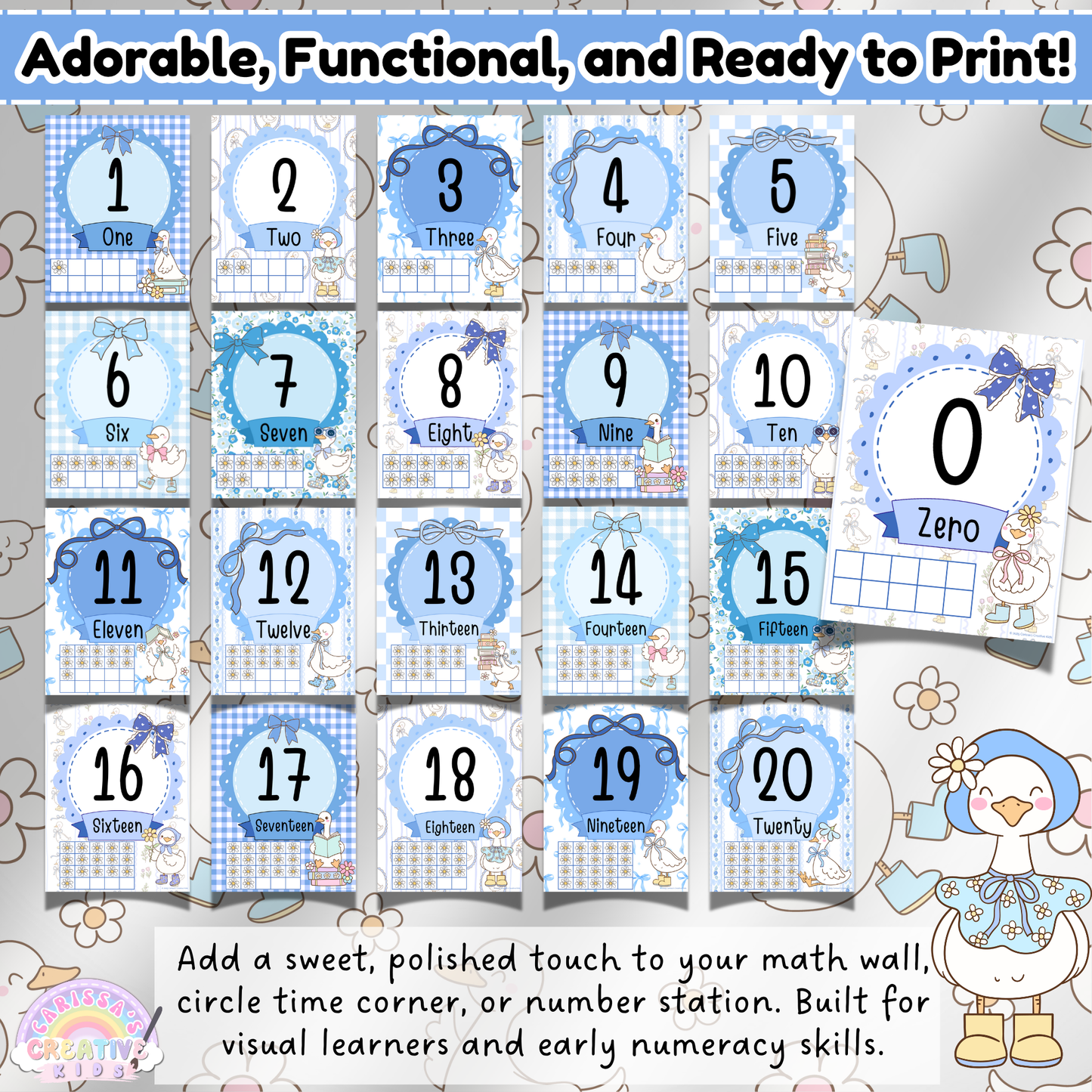 Full preview of the Silly Goose Number Posters with ten-frame visuals for numbers 0–20, designed for preschool and kindergarten math walls, circle time, or number stations.