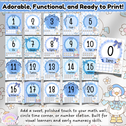 Full preview of the Silly Goose Number Posters with ten-frame visuals for numbers 0–20, designed for preschool and kindergarten math walls, circle time, or number stations.