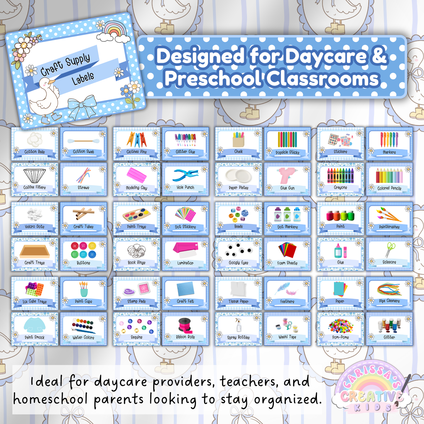 Blue gingham Silly Goose-themed craft supply labels designed for daycare and preschool classrooms. Features editable labels for markers, glue, crayons, pom-poms, paper plates, ribbon, glitter, paint, scissors, and more. Ideal for organizing art centers or homeschool spaces with playful charm and soft pastel illustrations.