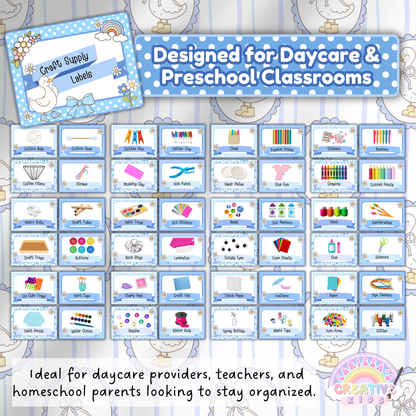 Blue gingham Silly Goose-themed craft supply labels designed for daycare and preschool classrooms. Features editable labels for markers, glue, crayons, pom-poms, paper plates, ribbon, glitter, paint, scissors, and more. Ideal for organizing art centers or homeschool spaces with playful charm and soft pastel illustrations.
