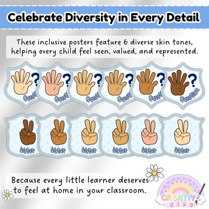 Celebrate diversity with Silly Goose Crest Hand Signal Posters, featuring 6 skin tones per design to ensure every student feels seen, valued, and included. Includes examples of "Question" and "Water" signals in a variety of tones.