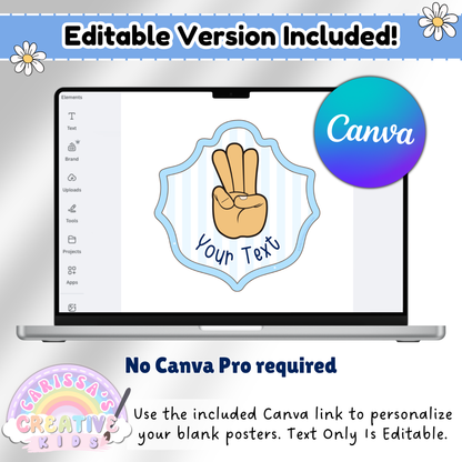 Editable hand signal poster from the Silly Goose Crest Collection shown in Canva. Customize the blank version with your own text using the included Canva link — no Canva Pro required.