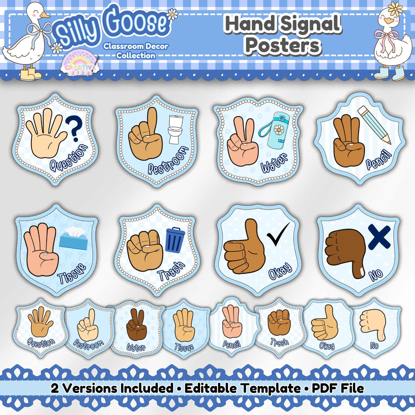Main preview image of the Silly Goose Crest Hand Signal Posters set, featuring 8 hand signal designs in a shield-shaped format with 2 versions per signal (with and without symbols), shown in a soft blue gingham style and 6 inclusive skin tones.