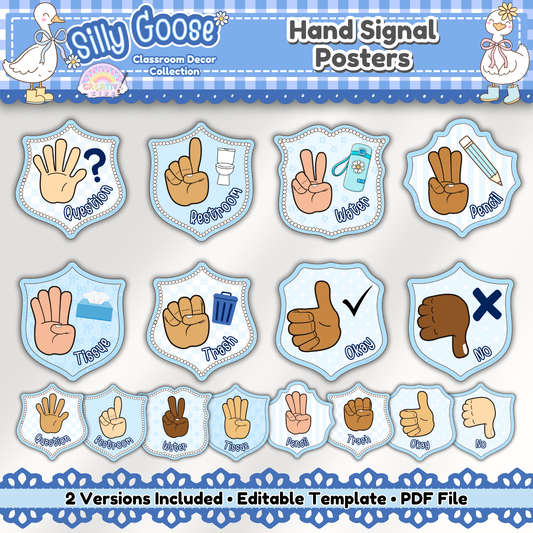 Main preview image of the Silly Goose Crest Hand Signal Posters set, featuring 8 hand signal designs in a shield-shaped format with 2 versions per signal (with and without symbols), shown in a soft blue gingham style and 6 inclusive skin tones.