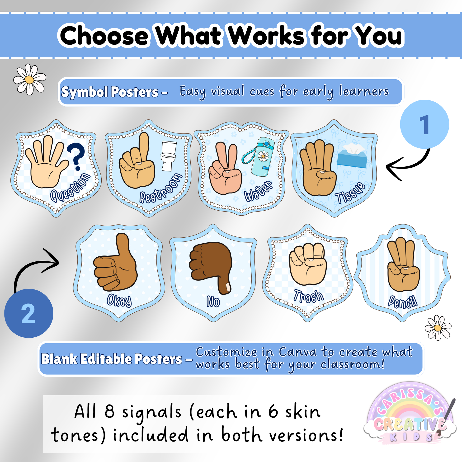Side-by-side comparison of Silly Goose Crest Hand Signal Posters showing symbol posters with helpful icons and editable blank versions. Includes all 8 signals in 6 skin tones. Canva customization available for blank templates to match your classroom needs.