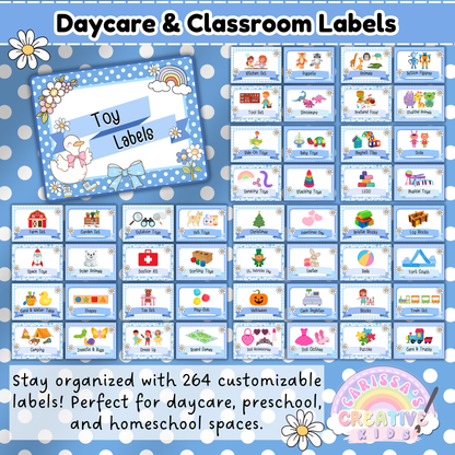 Overview of printable classroom and daycare labels from the Silly Goose Collection. Includes 264 customizable labels for toys, books, supplies, and classroom materials. Styled in a soft blue gingham pattern with playful geese, rainbows, and vintage icons—ideal for preschool, homeschool, or dayhome organization.