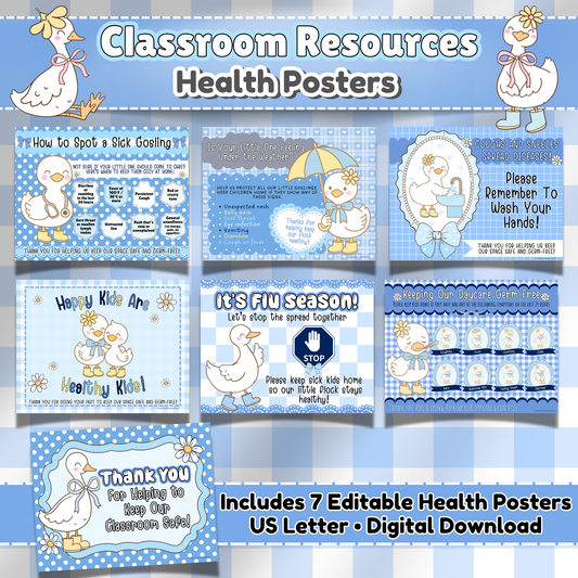 Editable Daycare Health Posters for Preschool and Childcare – Printable Sick Policy and Handwashing Signs with Blue Gingham Background in Silly Goose Theme