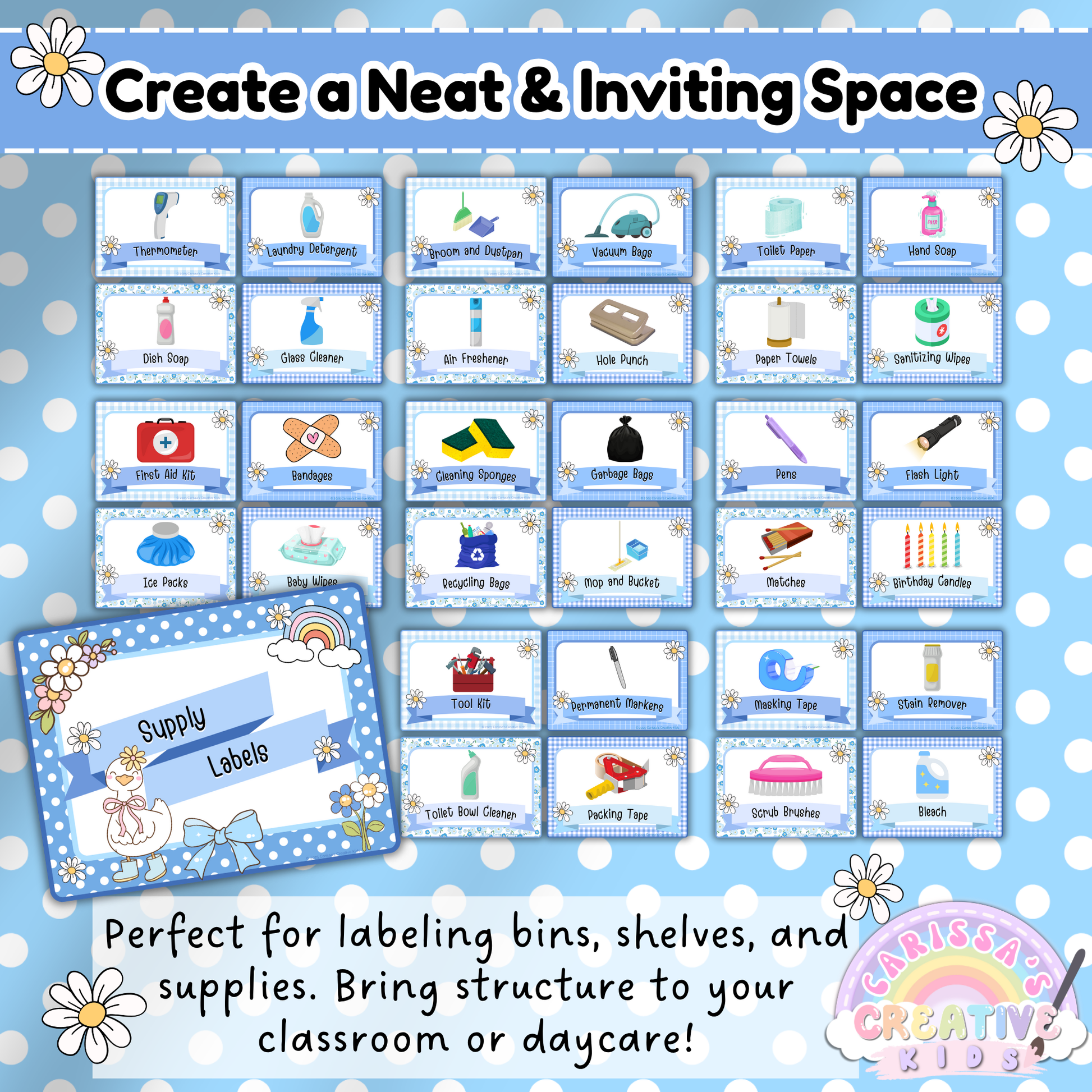 Silly Goose-themed classroom supply labels for organizing bins, shelves, and cleaning materials. Includes labels for disinfectant spray, mop, recycling, tissues, paper towels, and more. Blue polka-dot background with a cheerful goose illustration. Perfect for daycare, preschool, and classroom spaces that value neat, inviting decor.