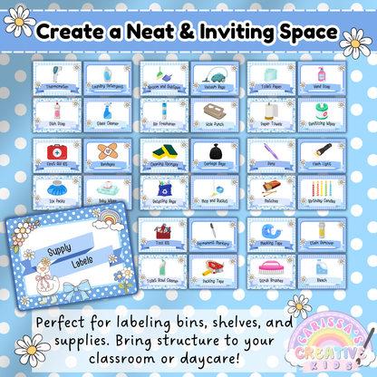 Silly Goose-themed classroom supply labels for organizing bins, shelves, and cleaning materials. Includes labels for disinfectant spray, mop, recycling, tissues, paper towels, and more. Blue polka-dot background with a cheerful goose illustration. Perfect for daycare, preschool, and classroom spaces that value neat, inviting decor.