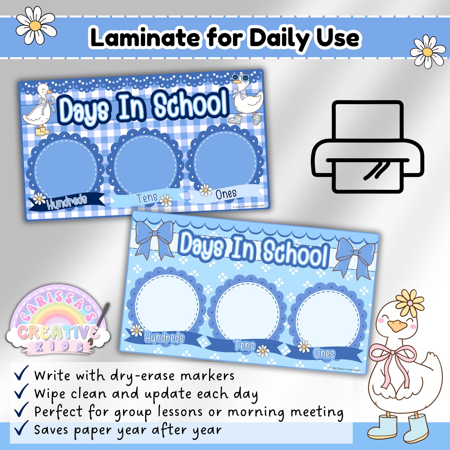 Silly Goose Days in School place value charts shown laminated for reuse. Teachers can write with dry-erase markers, wipe clean, and update each day. Printable PDF for daily math routines, classroom management, and morning meeting activities in preschool, kindergarten, and homeschool.