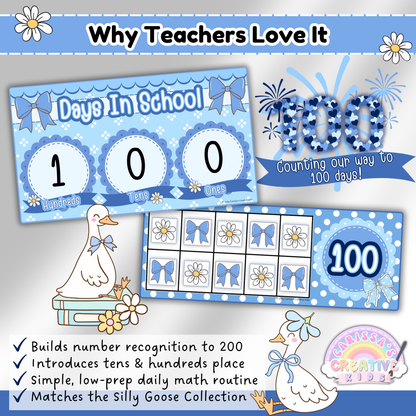 Silly Goose Days in School posters showing place value chart filled to 100 and a ten frame set. Classroom math activity helps students build number recognition to 200, understand tens and hundreds, and celebrate 100 days of school. Matches the pastel blue gingham Silly Goose classroom decor collection.