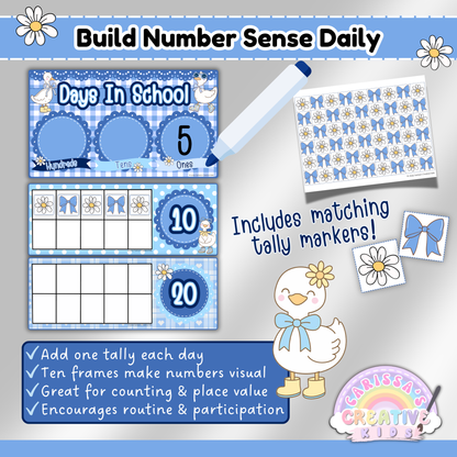 Silly Goose Days in School Ten Frames poster showing place value chart, tally markers, and number cards. Printable classroom management tool for building number sense, counting, and place value routines in preschool, kindergarten, and homeschool settings.