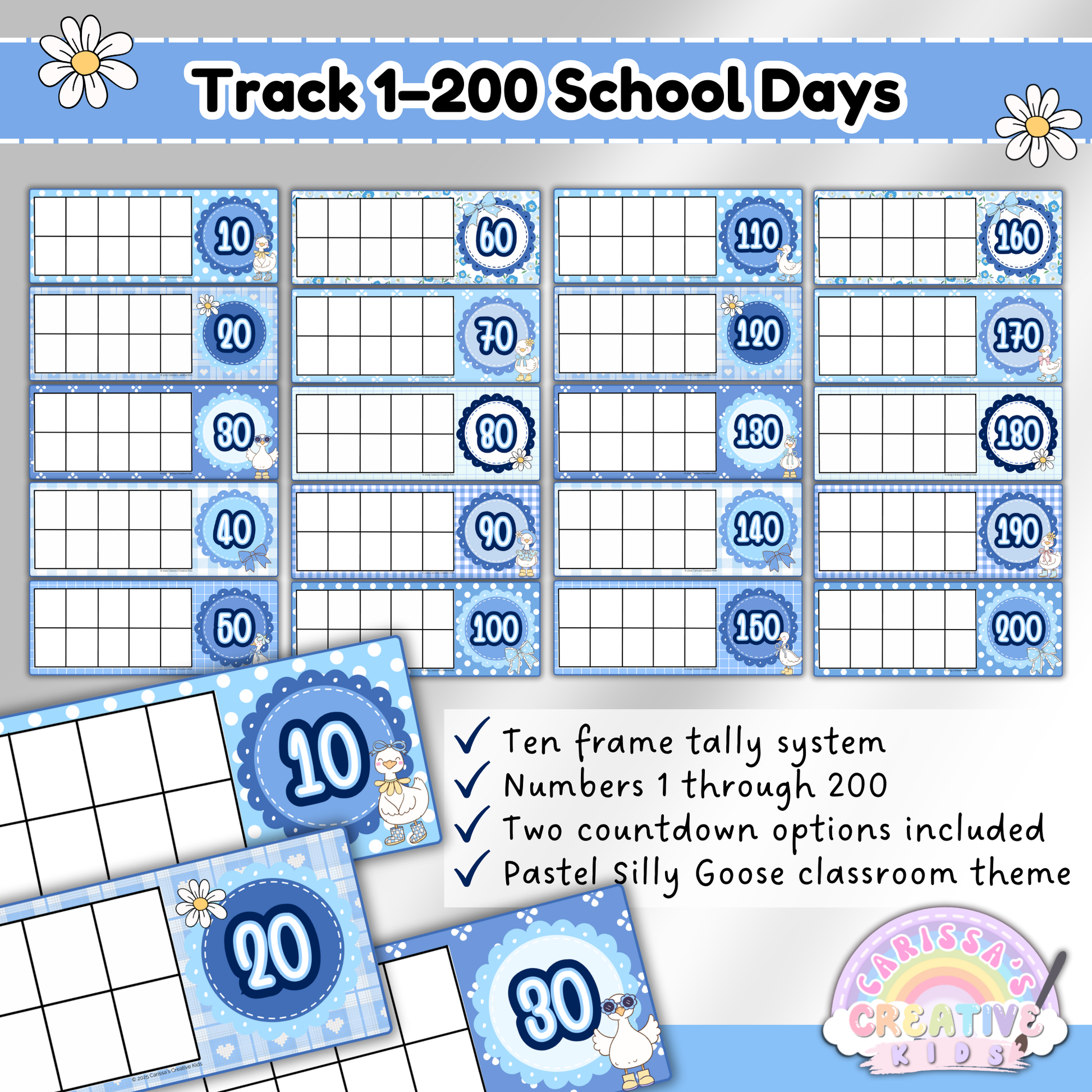 Printable Silly Goose Days in School Ten Frames set with number cards 1–200. Features pastel blue gingham classroom theme with two countdown options for tracking school days. Perfect for 100 days of school celebrations, classroom management, and daily math routines in preschool, kindergarten, and homeschool.