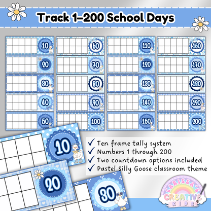 Printable Silly Goose Days in School Ten Frames set with number cards 1–200. Features pastel blue gingham classroom theme with two countdown options for tracking school days. Perfect for 100 days of school celebrations, classroom management, and daily math routines in preschool, kindergarten, and homeschool.