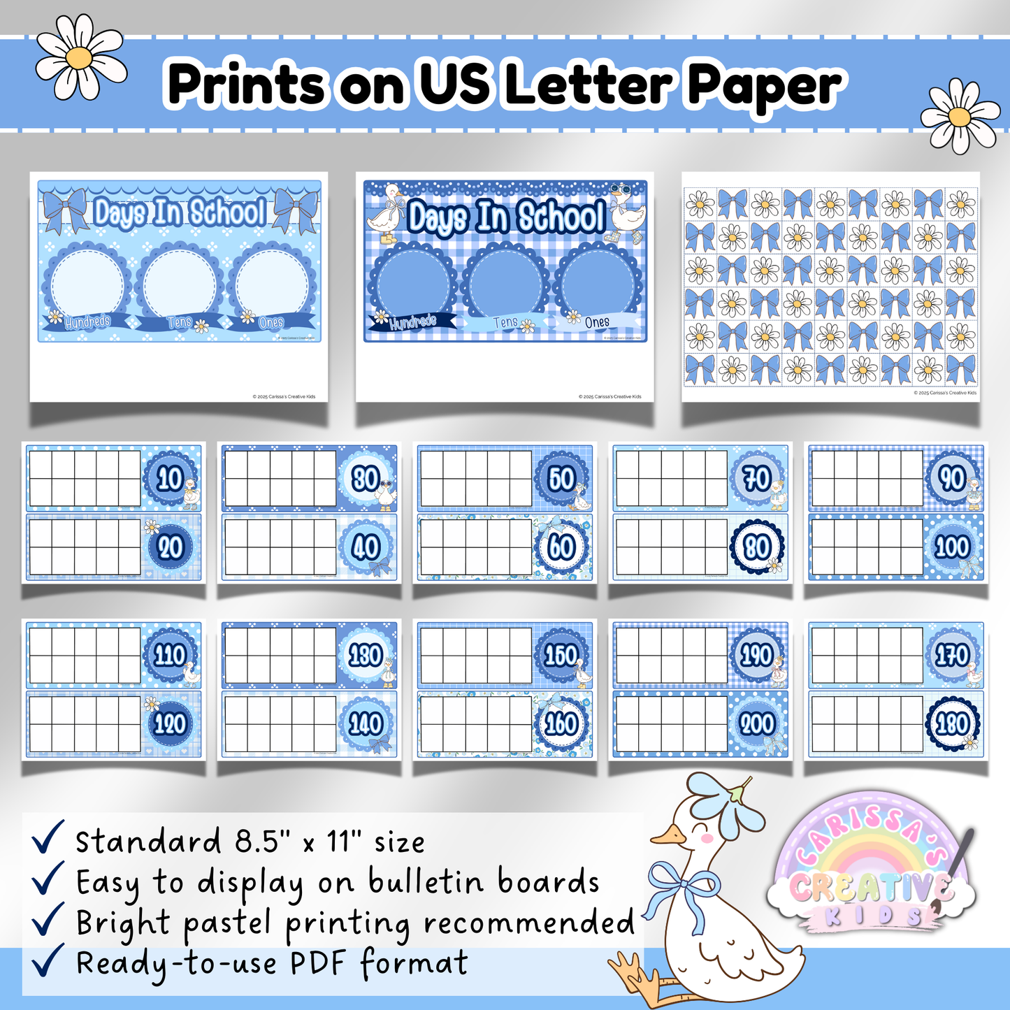 Silly Goose Days in School Ten Frames and place value charts printed on standard US Letter paper. Includes number cards 10–200 with pastel blue gingham theme. Printable PDF classroom posters for bulletin boards, kindergarten, homeschool, and 100 days of school activities.