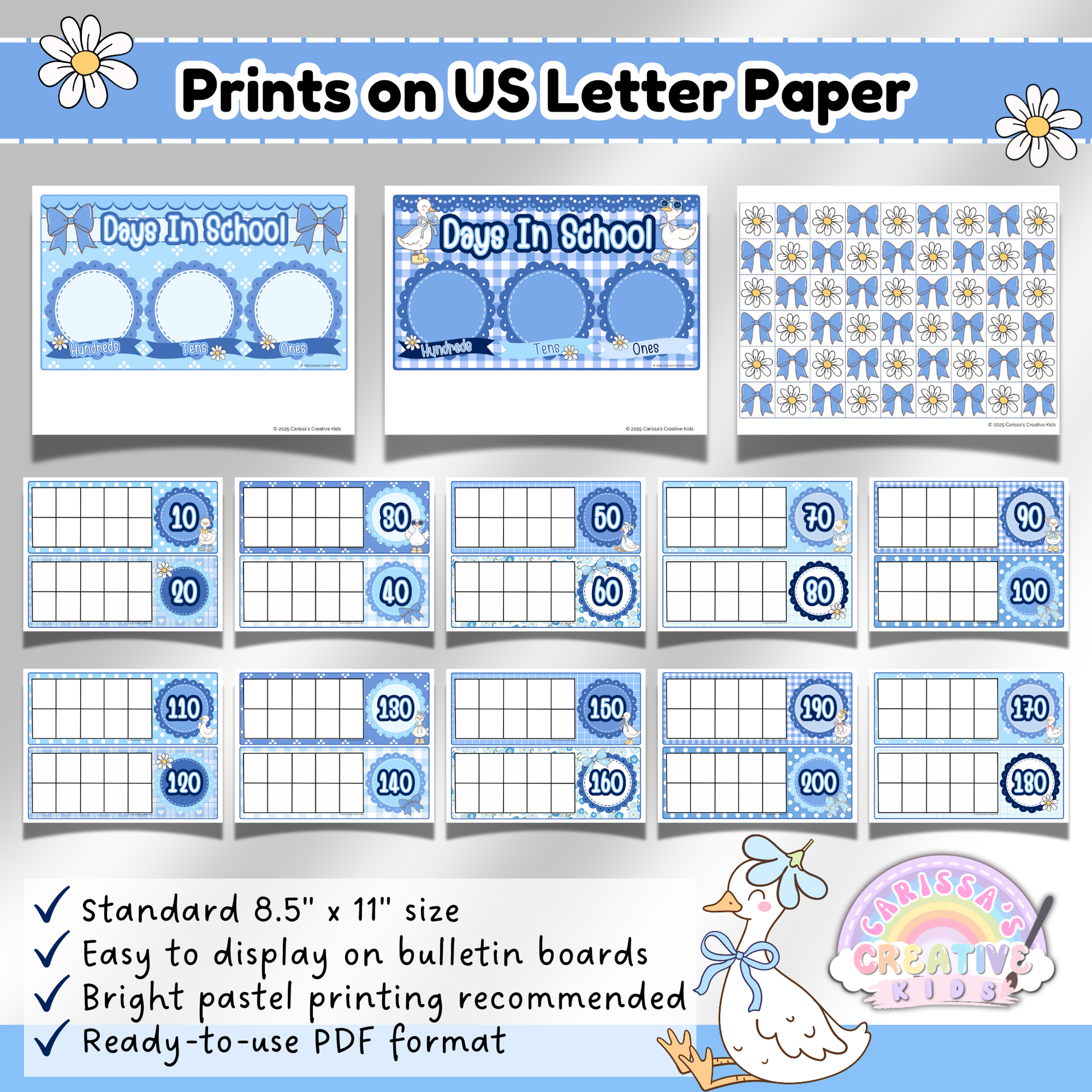 Silly Goose Days in School Ten Frames and place value charts printed on standard US Letter paper. Includes number cards 10–200 with pastel blue gingham theme. Printable PDF classroom posters for bulletin boards, kindergarten, homeschool, and 100 days of school activities.