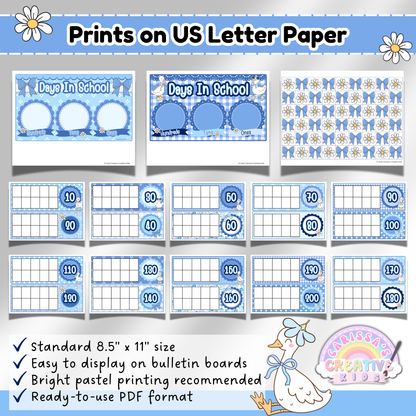 Silly Goose Days in School Ten Frames and place value charts printed on standard US Letter paper. Includes number cards 10–200 with pastel blue gingham theme. Printable PDF classroom posters for bulletin boards, kindergarten, homeschool, and 100 days of school activities.