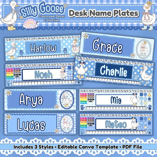 Main image of printable Silly Goose desk name plates for classroom decor, showing 8 pastel blue editable name tags with student names. Includes alphabet, number line, and color chart—perfect for preschool, kindergarten, and back-to-school desk decor.