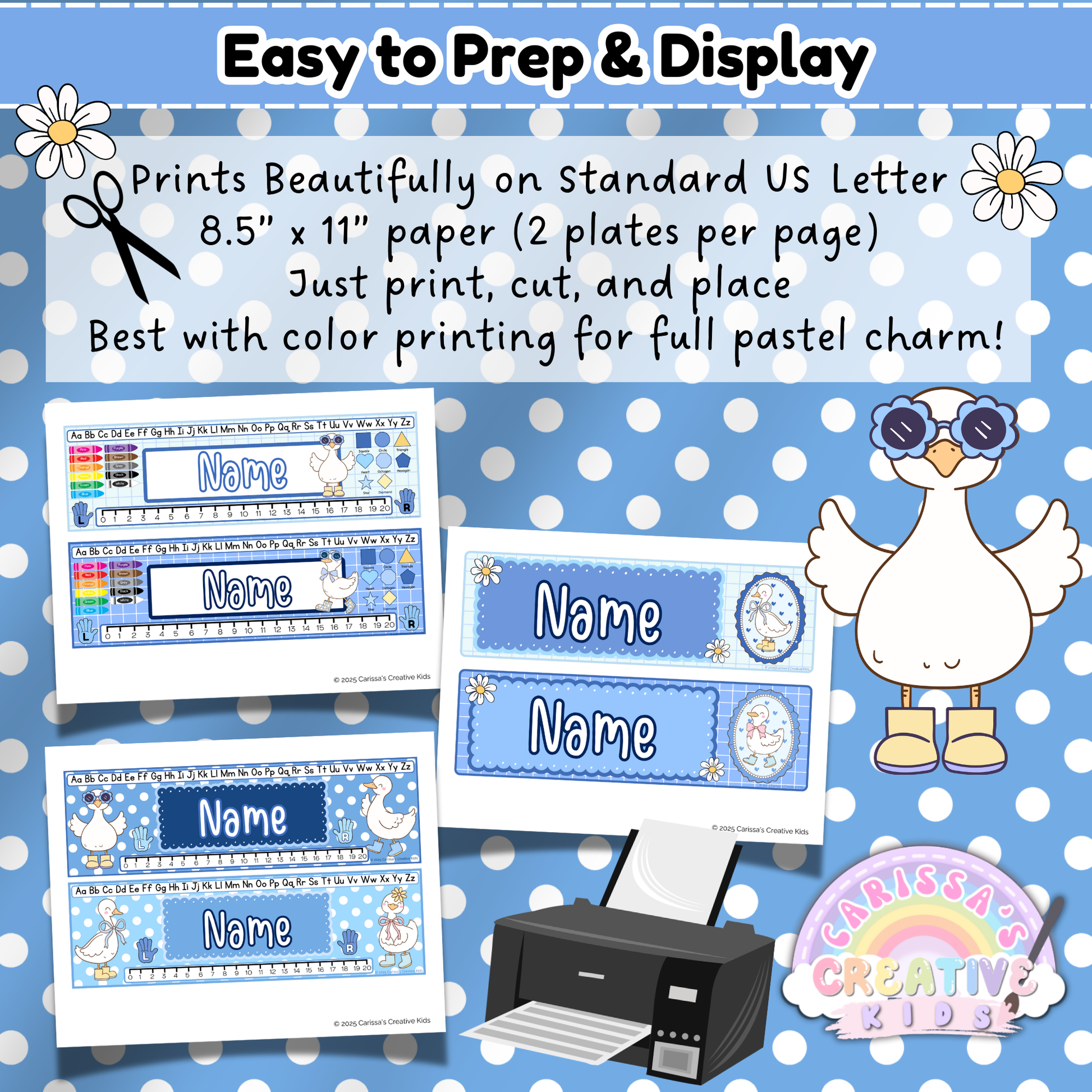 Printable Silly Goose desk name tags shown on US letter paper for easy classroom use. Includes two name plates per page with pastel blue themes. Designed for quick printing, cutting, and display—perfect for back-to-school student desk decor and preschool printables.
