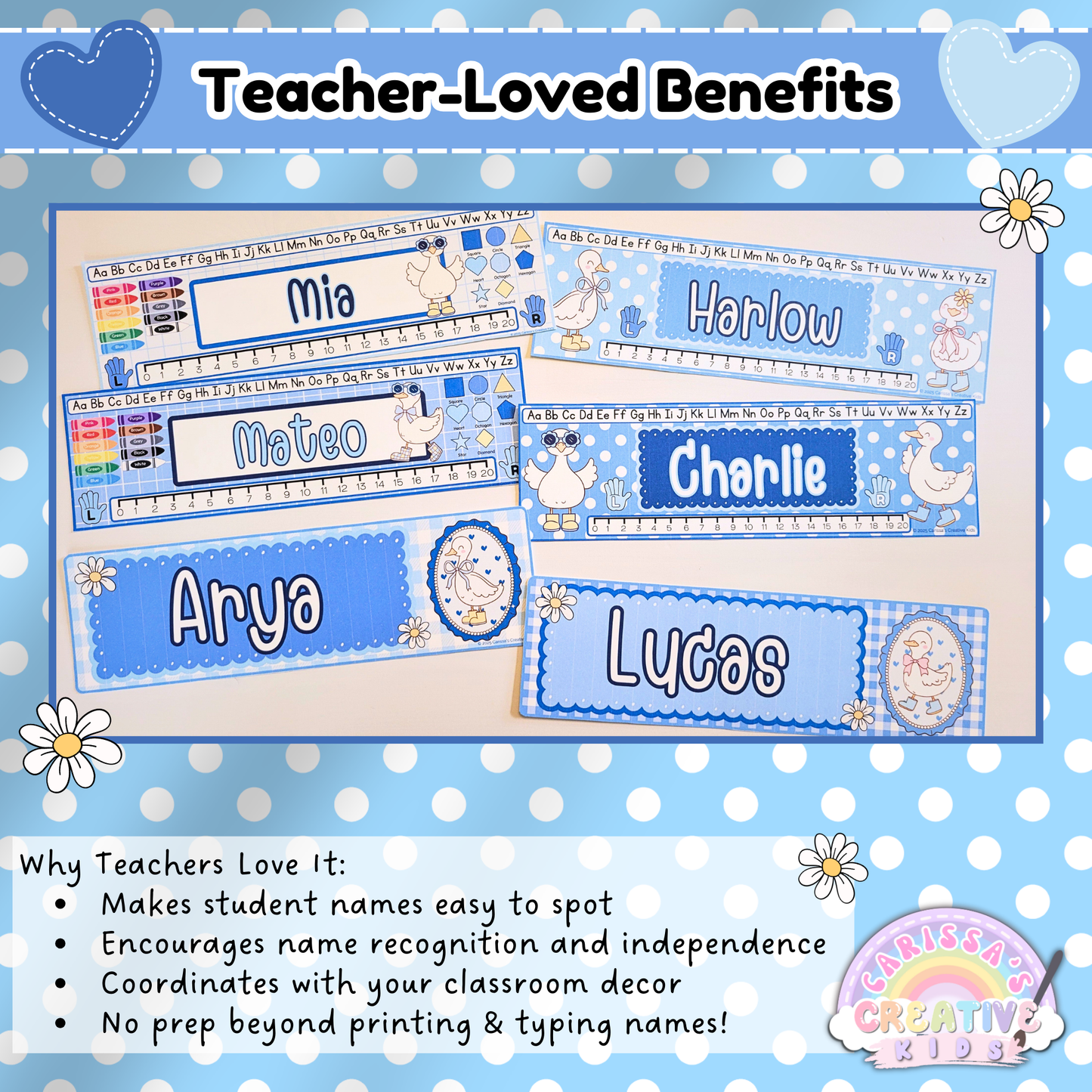Printed Silly Goose desk name plates with student names like Mia, Charlie, and Arya displayed on a table. Highlights key benefits for teachers: supports name recognition, matches classroom decor, and requires minimal prep. Ideal editable name tags for preschool and kindergarten.