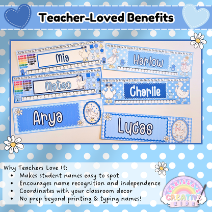 Printed Silly Goose desk name plates with student names like Mia, Charlie, and Arya displayed on a table. Highlights key benefits for teachers: supports name recognition, matches classroom decor, and requires minimal prep. Ideal editable name tags for preschool and kindergarten.