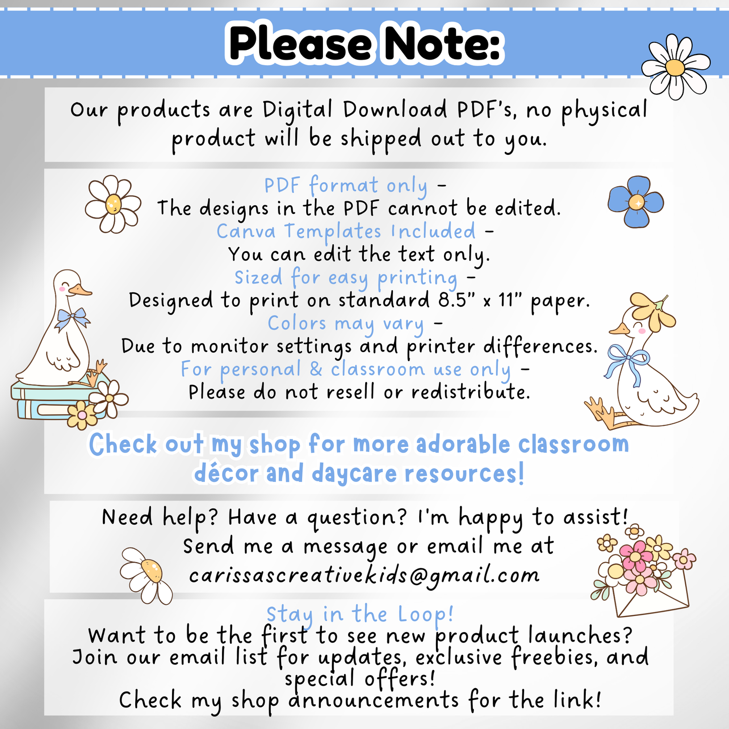 Important information for buyers about Silly Goose Classroom Decor digital downloads, including PDF format details, Canva template use, printing tips, and customer support contact. Features playful pastel illustrations for preschool and elementary educators.