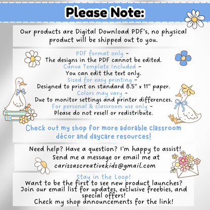 Important product notes for the Silly Goose Place Value Wall Display. Clarifies that it is a digital download only, with editable text via Canva and print-only PDFs. Includes color disclaimer, printing suggestions, and shop contact info for teachers.