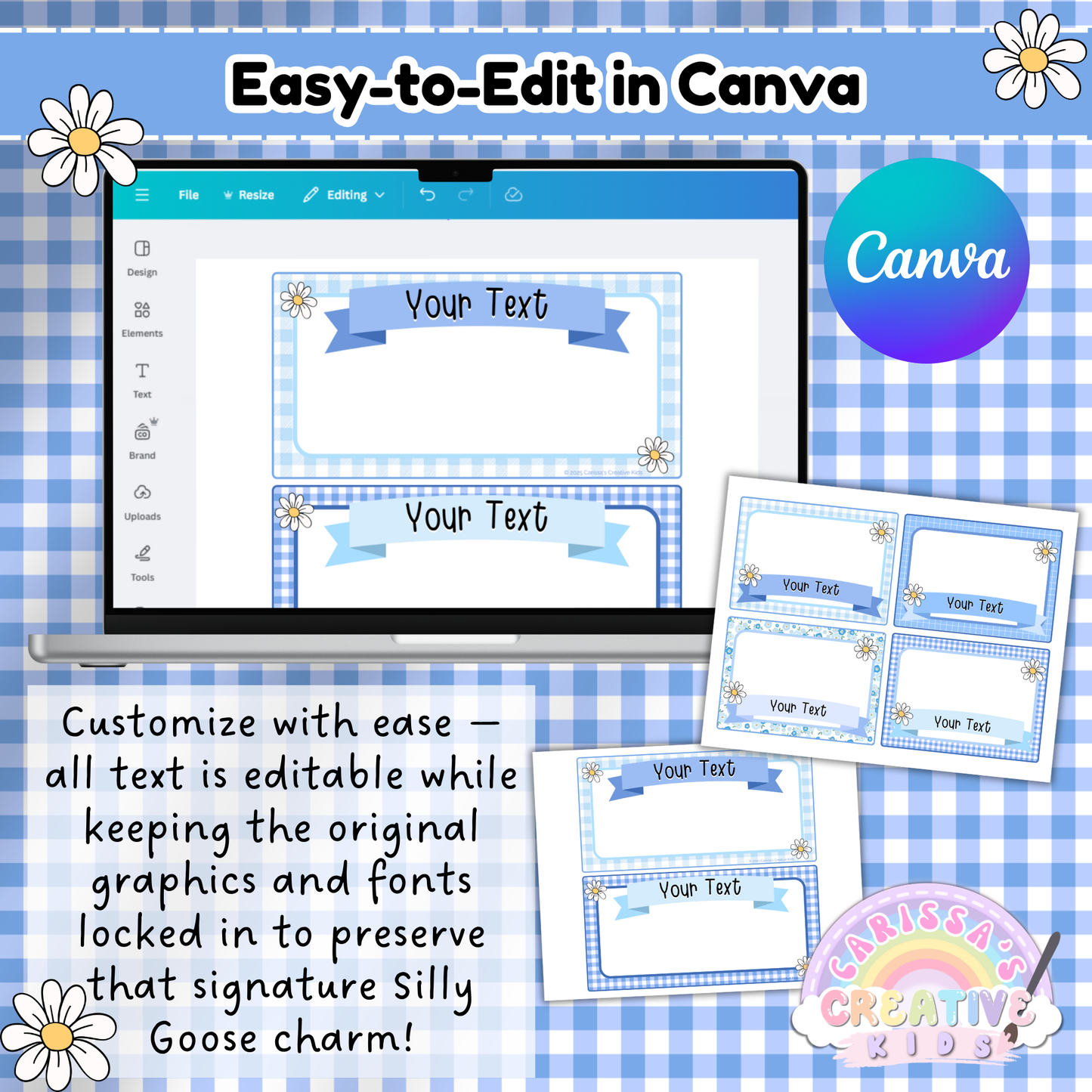 Editable Silly Goose classroom labels shown inside Canva with blue gingham design. Users can customize text while the graphics and fonts remain locked, preserving the cohesive classroom decor theme. Perfect for daycare and preschool organization. Features laptop screenshot and preview of printable label layout.