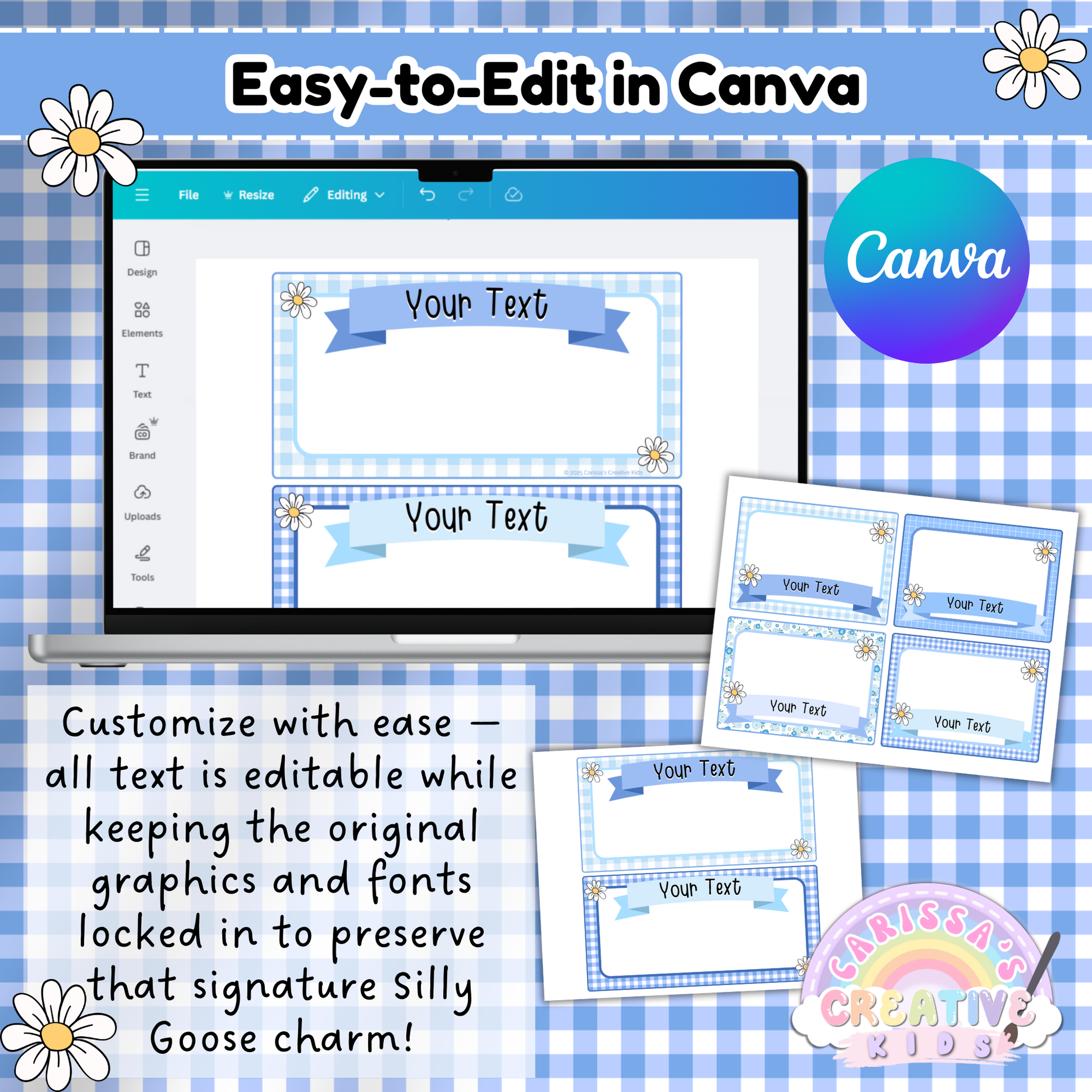 Editable Silly Goose classroom labels shown inside Canva with blue gingham design. Users can customize text while the graphics and fonts remain locked, preserving the cohesive classroom decor theme. Perfect for daycare and preschool organization. Features laptop screenshot and preview of printable label layout.