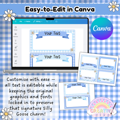 Editable Silly Goose classroom labels shown inside Canva with blue gingham design. Users can customize text while the graphics and fonts remain locked, preserving the cohesive classroom decor theme. Perfect for daycare and preschool organization. Features laptop screenshot and preview of printable label layout.
