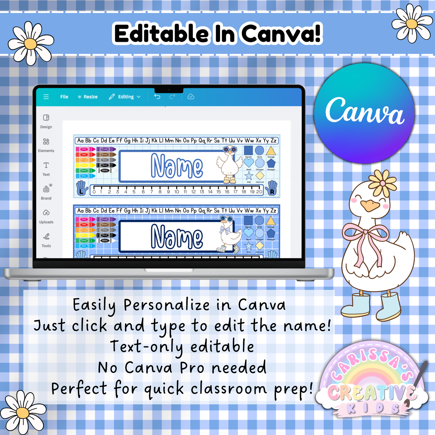 Editable Silly Goose desk name plates shown in a Canva workspace on a laptop. Teachers can personalize student name tags with ease—text-only editable and no Canva Pro required. Ideal for quick classroom setup and back-to-school prep.