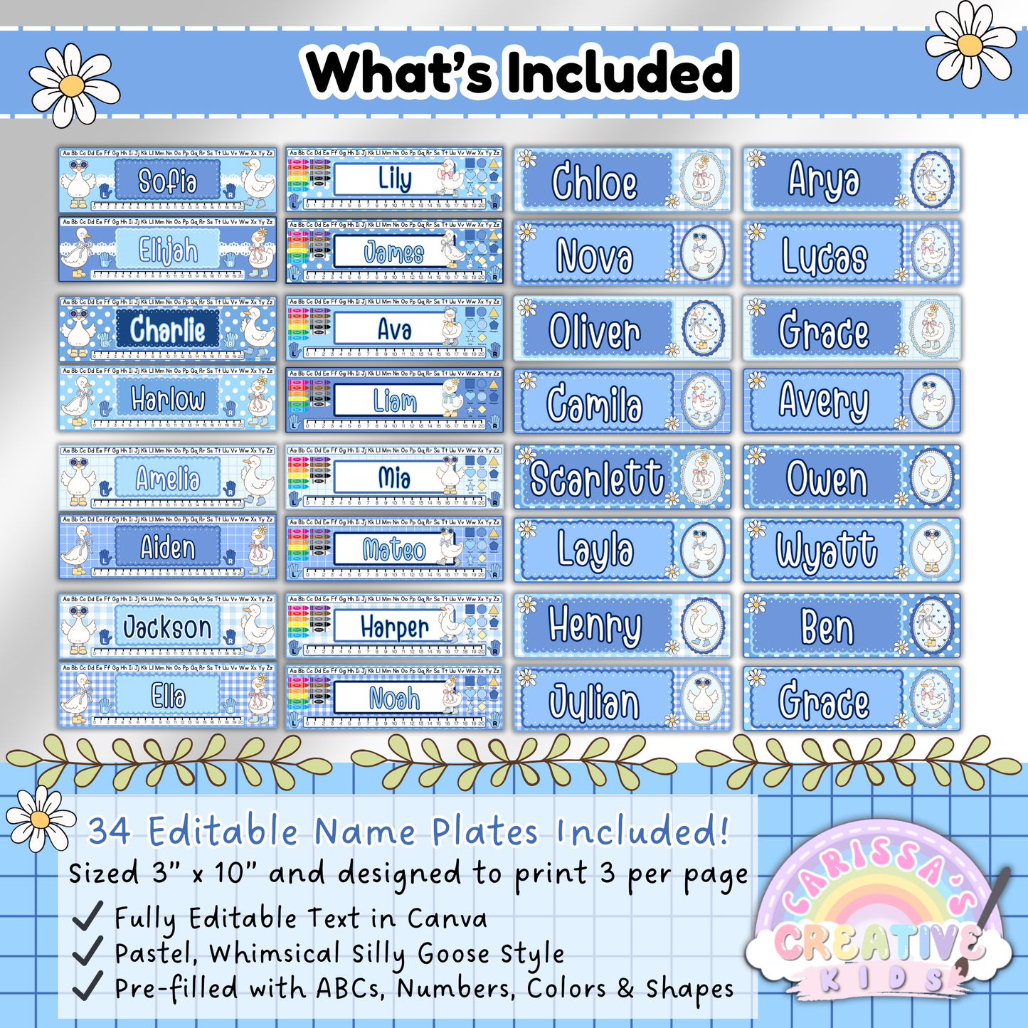 Overview of 34 printable editable desk name plates from the Silly Goose Collection, featuring preschool and kindergarten-friendly desk labels with pastel colors, ABCs, number lines, shapes, and color charts. Designed to print 3 per page for classroom decor and student desk labeling.