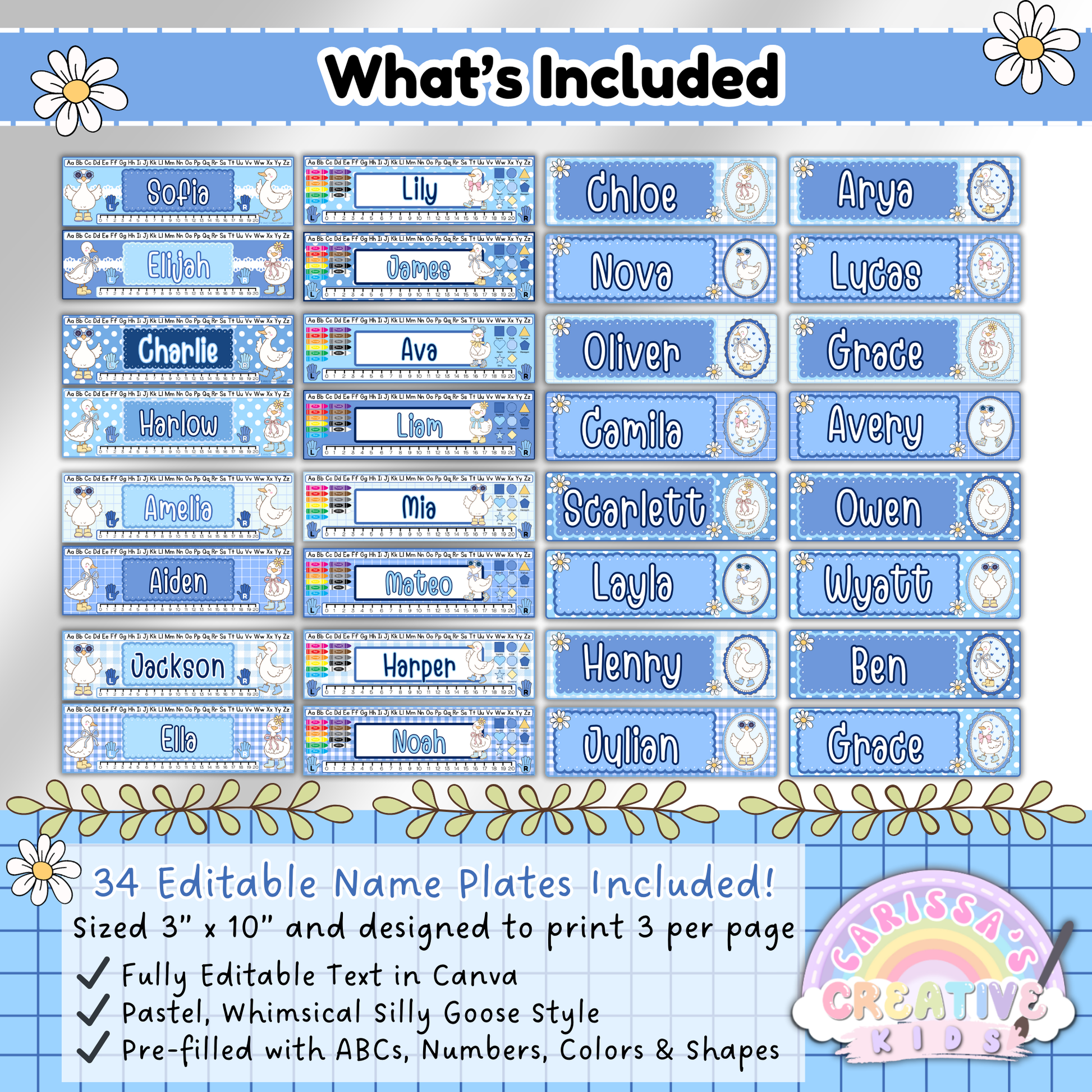Overview of 34 printable editable desk name plates from the Silly Goose Collection, featuring preschool and kindergarten-friendly desk labels with pastel colors, ABCs, number lines, shapes, and color charts. Designed to print 3 per page for classroom decor and student desk labeling.
