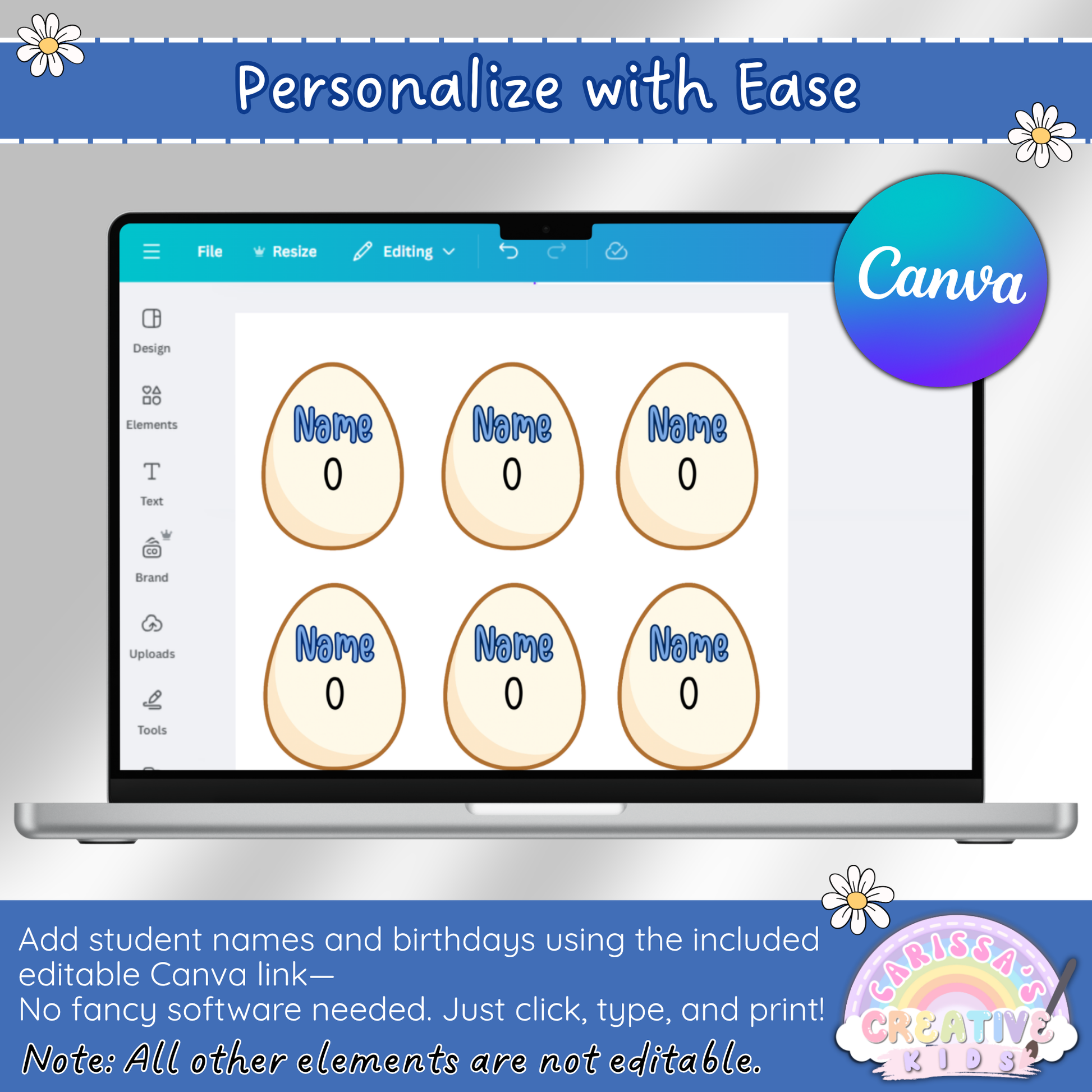 Editable birthday eggs in Canva for Silly Goose classroom board to add student names and dates easily