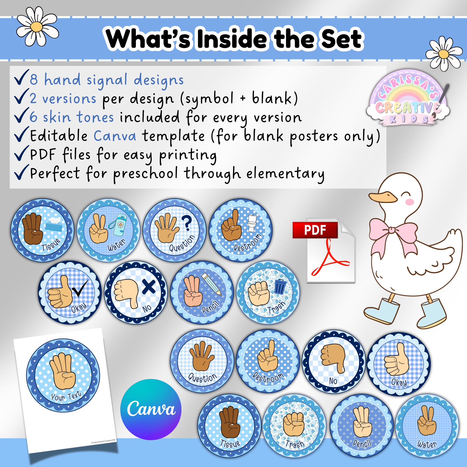 Overview image of Silly Goose Hand Signal Poster set showing included elements: 8 hand signal designs, 2 versions per design (symbol + blank), 6 skin tones per version, editable Canva template, and printable PDF files — ideal for preschool through elementary classrooms.