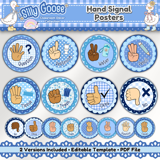 Main image of Silly Goose Hand Signal Posters featuring 2 classroom versions with diverse skin tones, editable templates, and pastel gingham designs — perfect for preschool, kindergarten, or elementary classroom decor and back-to-school bulletin boards.