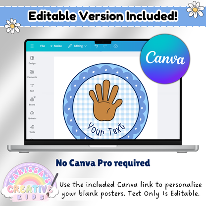 Editable hand signal poster preview in Canva, showing customizable text on a blue gingham classroom sign. No Canva Pro needed—easily personalize your classroom with the included editable template.