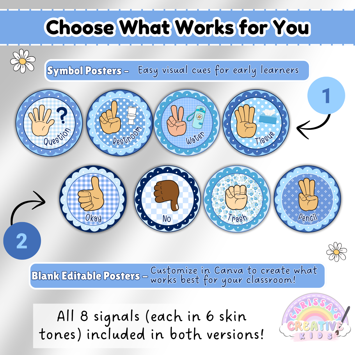 Comparison of two hand signal poster versions from the Silly Goose set: symbol posters with visual icons for early learners, and blank editable posters customizable in Canva. All 8 signals are shown in varied skin tones.