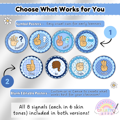 Comparison of two hand signal poster versions from the Silly Goose set: symbol posters with visual icons for early learners, and blank editable posters customizable in Canva. All 8 signals are shown in varied skin tones.