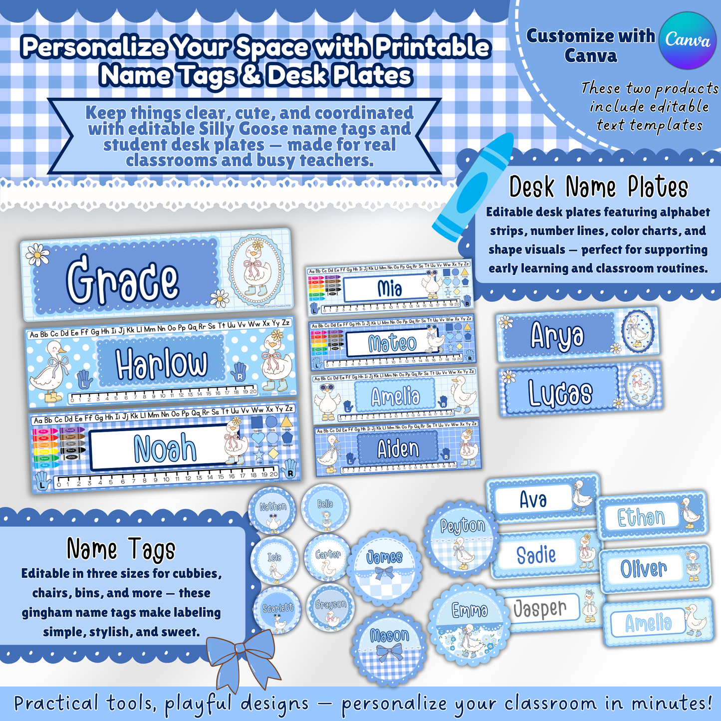 Editable Silly Goose classroom name tags and student desk plates in pastel blue gingham styles, perfect for organizing cubbies, bins, and student workspaces with Canva-compatible templates.