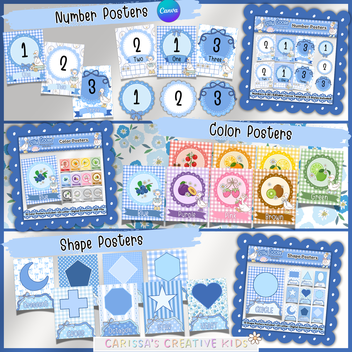 Silly Goose classroom decor bundle featuring printable number posters, color posters, and shape posters in blue gingham classroom decor for preschool, kindergarten, and elementary classrooms.
