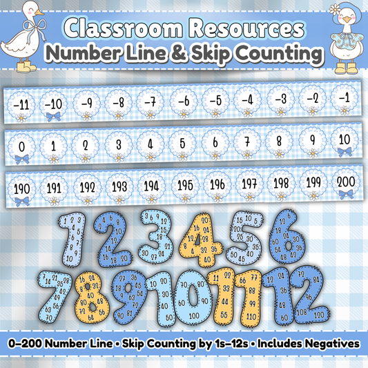 Retro-style classroom number line and skip counting poster set for preschool, kindergarten, and elementary math. Includes numbers from -11 to 200 and large colorful skip counting visuals from 1s to 12s in a playful blue and yellow “Silly Goose” classroom theme. Perfect for math walls, homeschool decor, and number recognition practice.