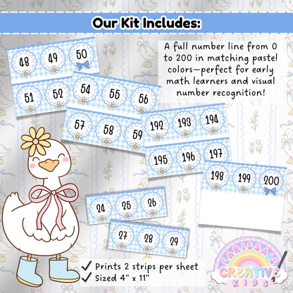 This preview image showcases the full 0–200 number line included in the Silly Goose Classroom Kit, featuring pastel gingham-style number circles on 4"x11" printable strips. With a cute goose illustration and floral-themed background, this resource is designed for early math learners, supporting number recognition and visual learning in daycares, preschools, and homeschools.
