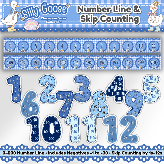 Main preview image of the Silly Goose Number Line and Skip Counting set. Features a 0–200 number line and skip counting posters from 1s to 12s in blue gingham classroom theme. Ideal for kindergarten and elementary math classroom decor.