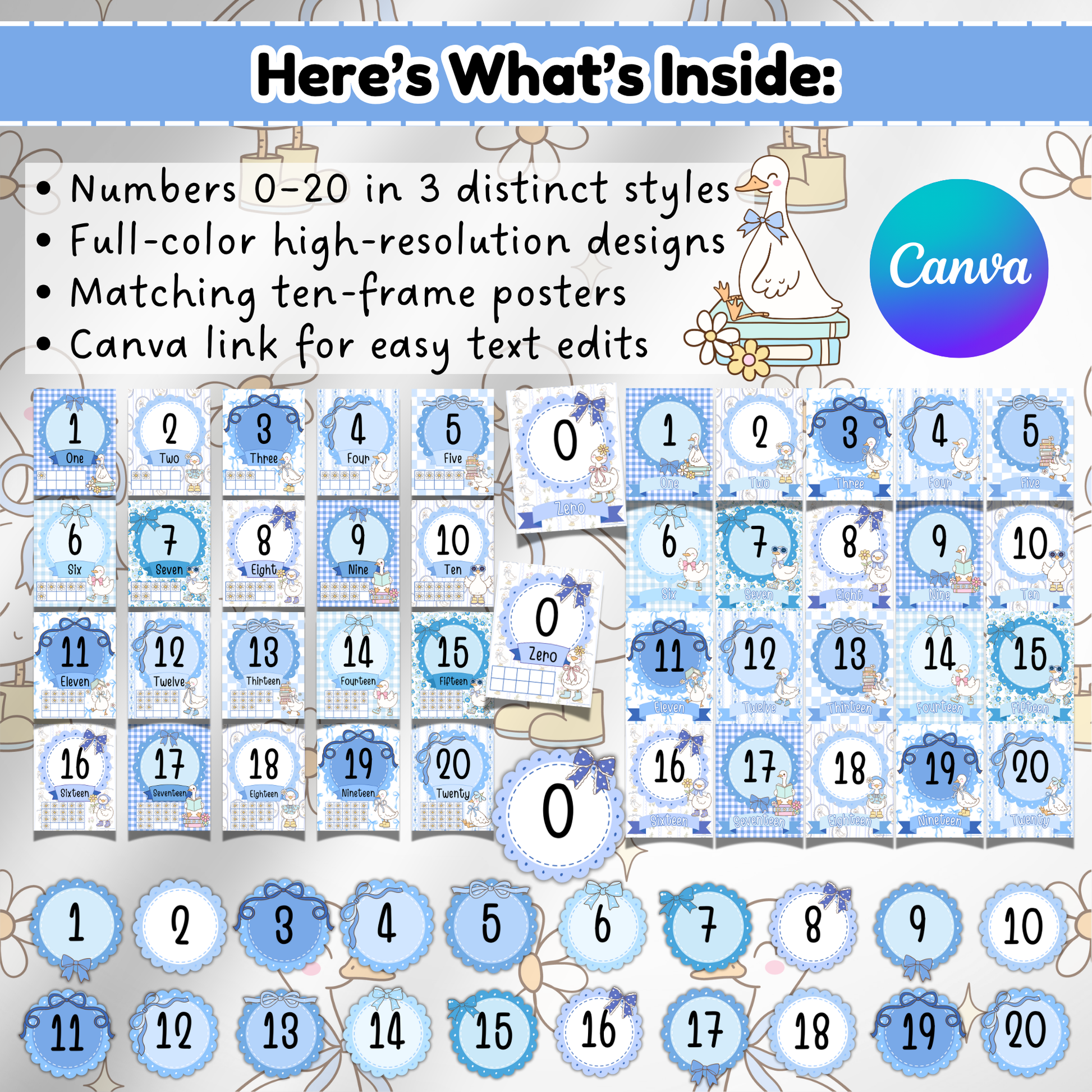 Visual overview of the full Silly Goose Number Posters bundle, showing all three styles for numbers 0–20, including numeral-only, ten-frame, and word posters with Canva edit access.