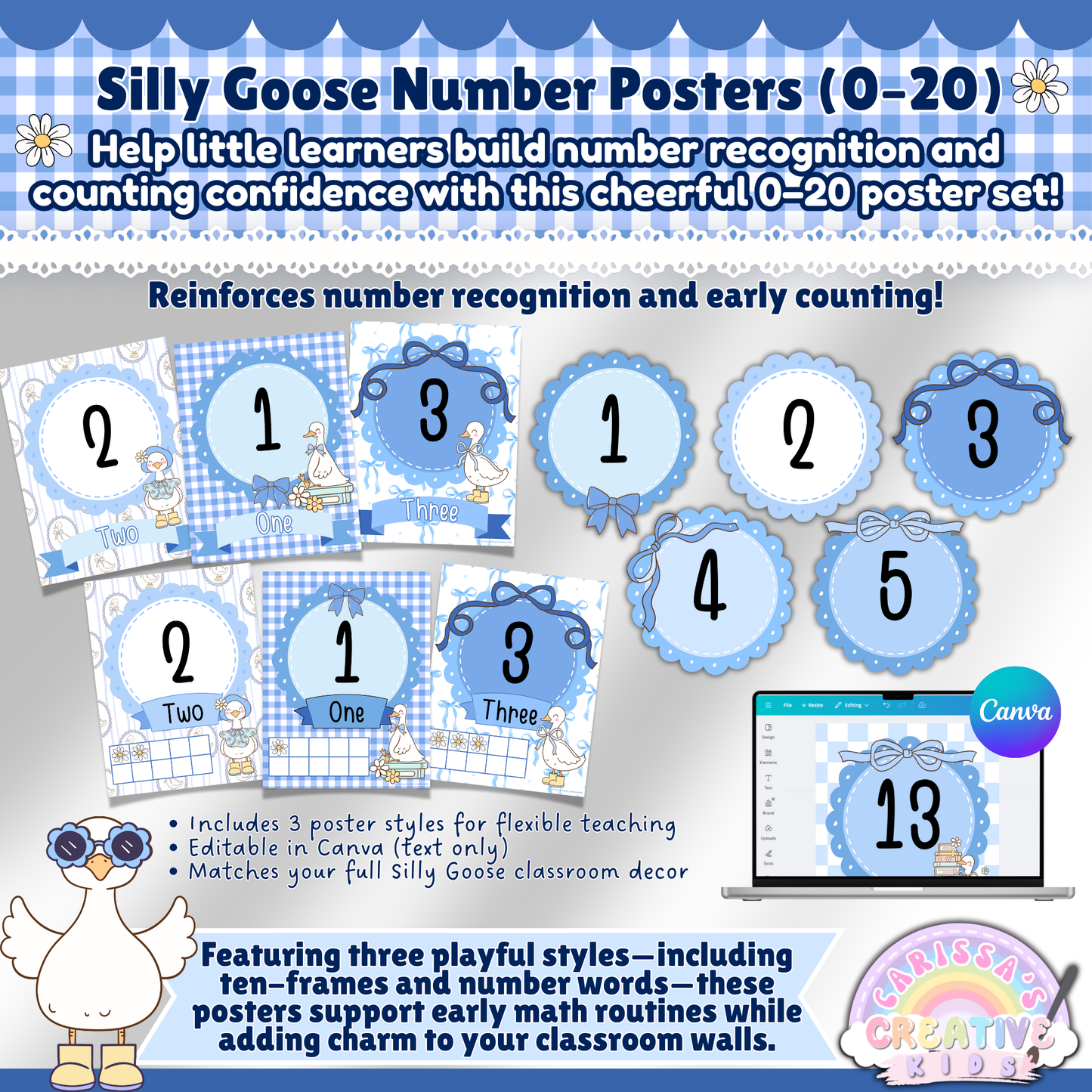 Number posters 0–20 in three styles with ten frames and number words for early math routines in preschool and kindergarten.