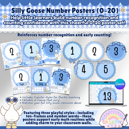 Number posters 0–20 in three styles with ten frames and number words for early math routines in preschool and kindergarten.