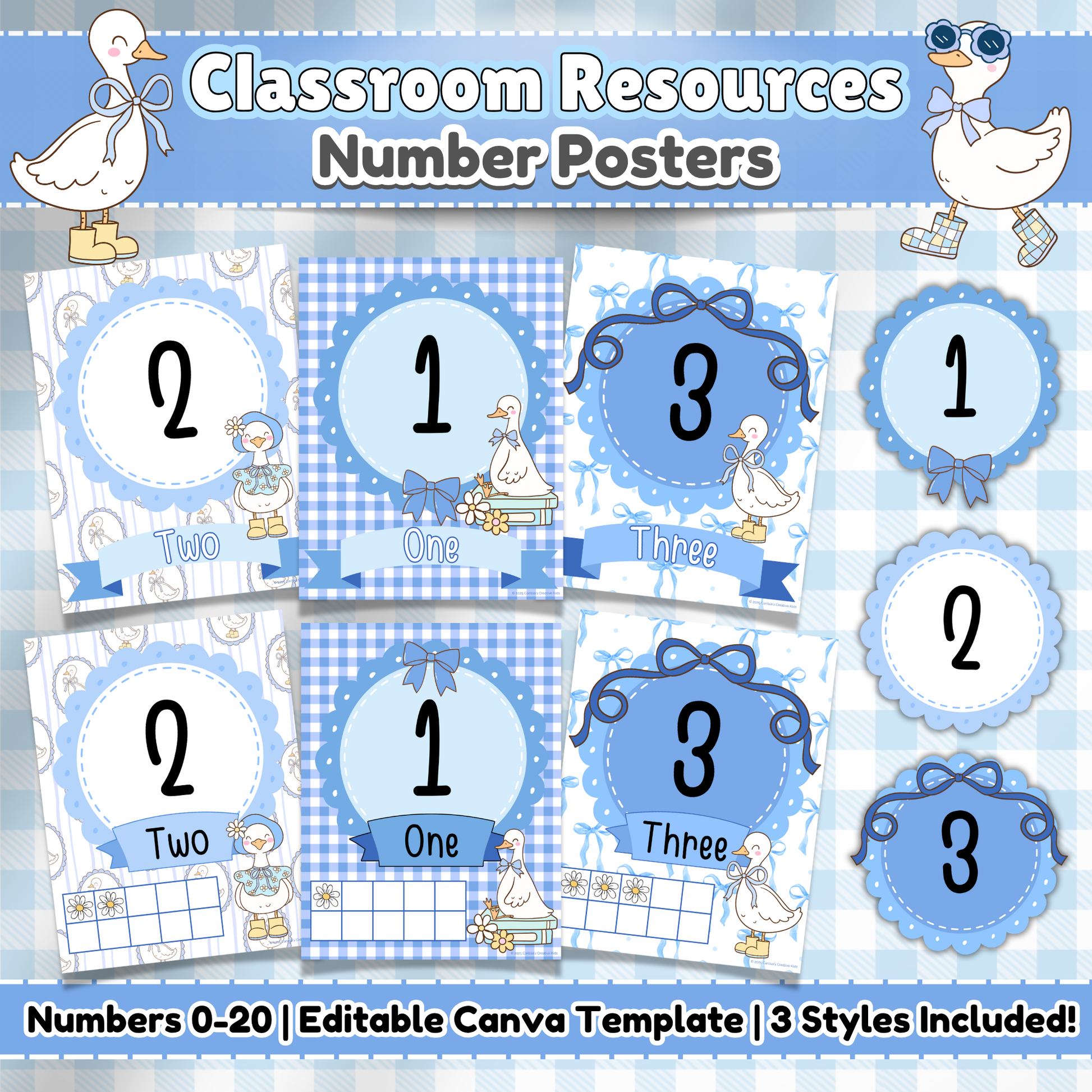 Main product image for Silly Goose Number Posters showing three styles of numbers 0–20 with blue gingham, scalloped, and bow-themed designs for classroom or playroom decor.